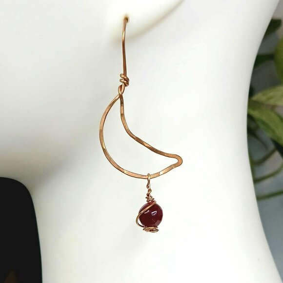BOGO EARRINGS Garnet Gemstone Crescent Moon Dangle Earrings, 2.5" - Picture 1 of 4